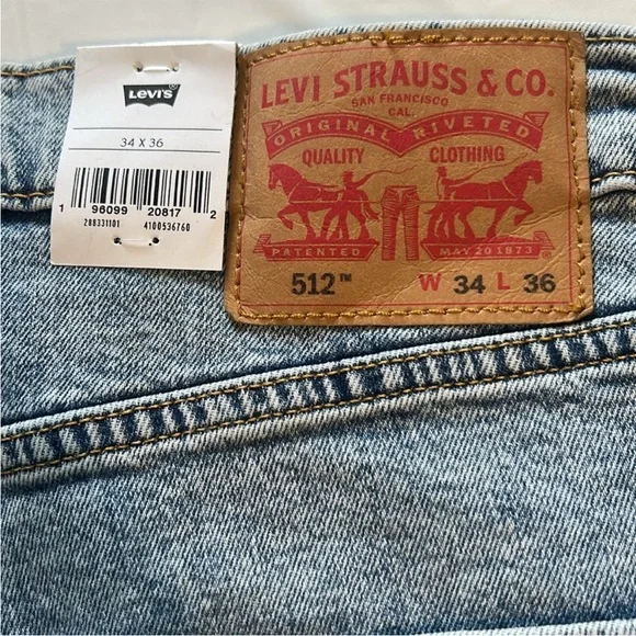 Levi's 34 x 36 Jeans 512 Slim Taper Fit Stretch Jeans zip fly NWT